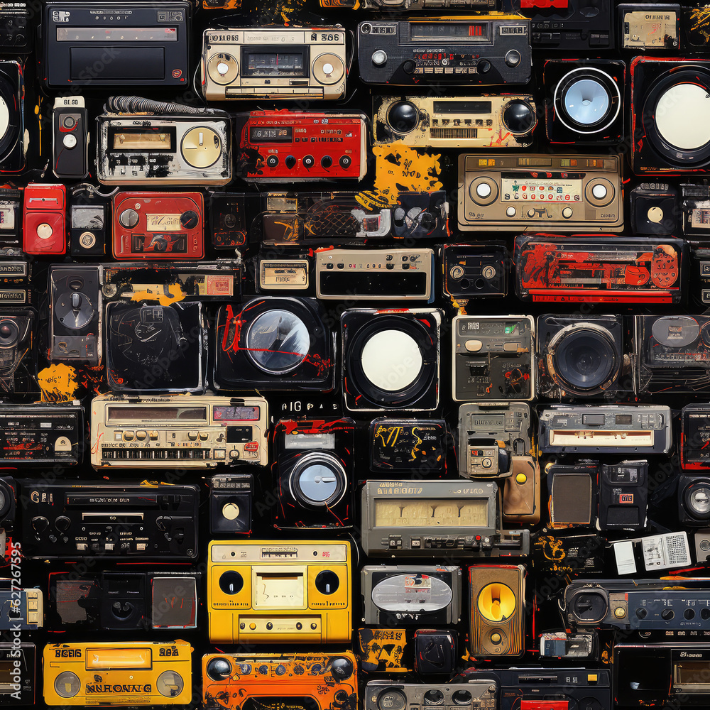 Obraz premium Retro gadgets funky repeat pattern colorful graffiti doodles