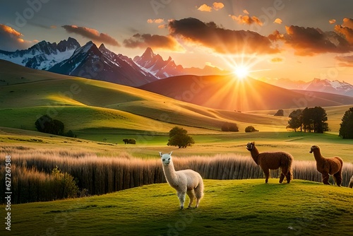 sunrise in the mountains and llama © qaiser