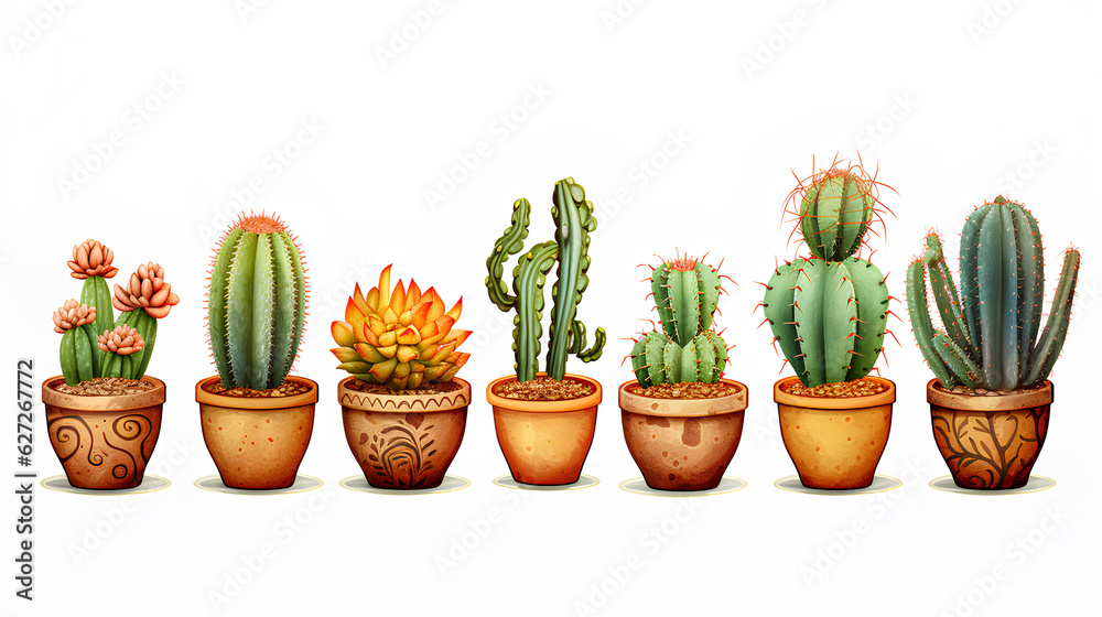 set of cactus in pot isolated on white background. flat lay, top view. set of cactus in pot isolated on white background. flat lay, top view.