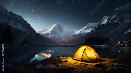 night landscape with tent and stars on the mountain background