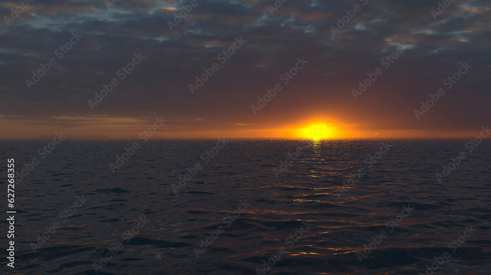 Obraz premium The sun by the sea. Dawn or dusk. Sunrise or sunset - 3D Illustration