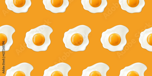 Fried eggs on a yellow background. Seamless pattern with scrambled eggs. Vector illustration of eggs. Realistic image.