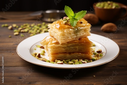 A delicious illustration showcasing baklava, a traditional Middle Eastern delicacy, Generative Ai