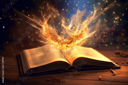 Open book with magic light. Magic book. Generative AI. 