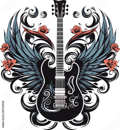 Guitar with wings. electric guitar and angel wings, isolated on white background.