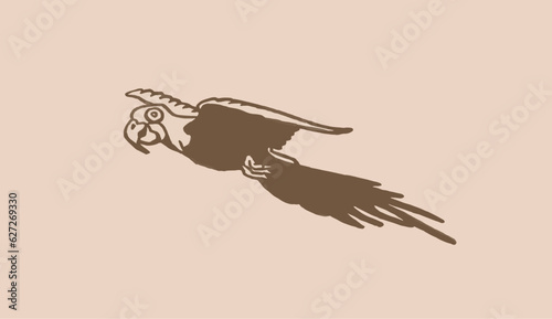 Graphical parrot  flying on sepia background,vector element of bird.Ink pen parrot