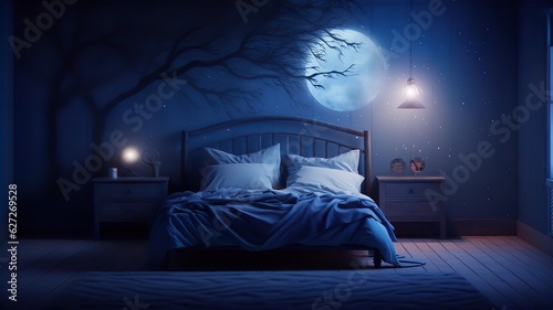 Bedroom with window, dreamland at night, dream illusion with trees and full moon in room, Generative AI