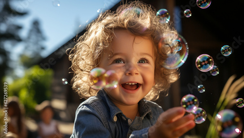 Beautiful little child toddler boy having fun with blowing soap bubble blower. Cute adorable baby child playing in the garden on sunny summer day. Happy active funny healthy kid