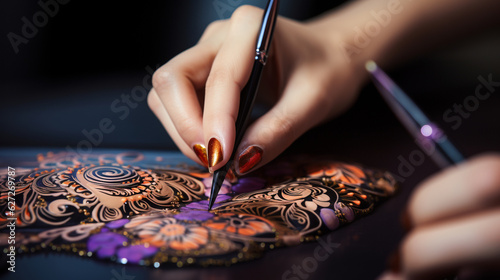 An artistic close-up of the manicurist's hands skillfully applying intricate nail art with precision brushes. Generative AI