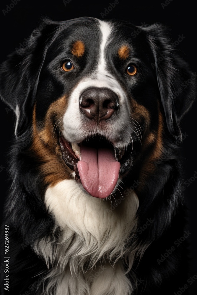 portrait of brown white and black medium mixed breed dog a black background