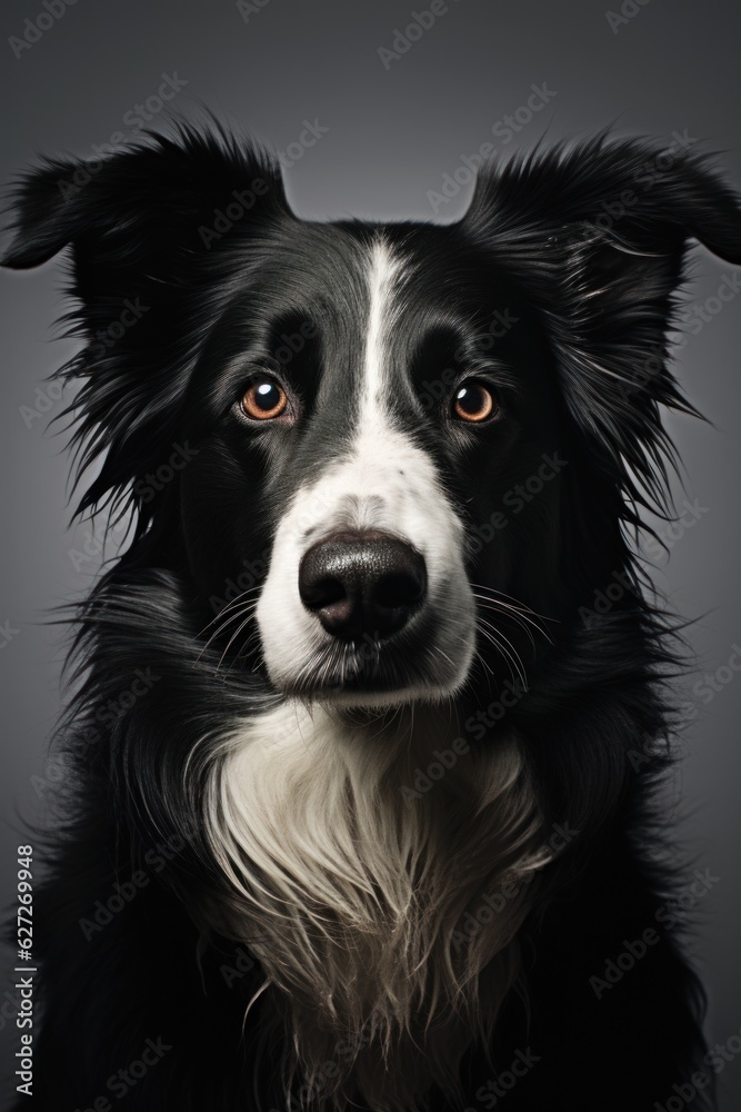 portrait of white and black medium mixed breed dog a grey background