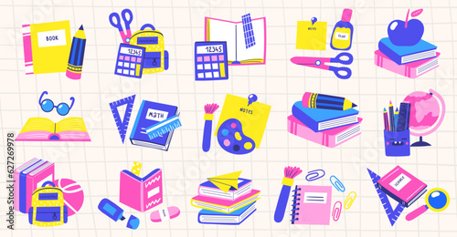 Back to school concept objects set with apple, ball, pencil, scissors, glue, glasses, marker, eraser, note paper, backpack, brush, calculator, books.
