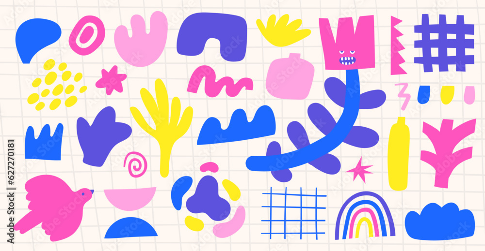 Shapes set in hand drawn doodle cute style. Abstract shapes, lines, elements collection. Background with funny moody character, flower, tree, bird, leaf, swirls, dots. Shapes set in hand drawn doodle cute style. Abstract shapes, lines, elements collection. Background with funny moody character, flower, tree, bird, leaf, swirls, dots.