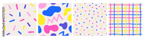 Seamless pattern set. Cute hand drawn doodle abstract patterns collection with colorful shapes, dots, lines. Simple creative wallpaper, background, cover, page, print for kids
