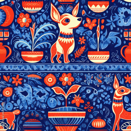 Dogs folk art cartoon cute seamless repeat pattern