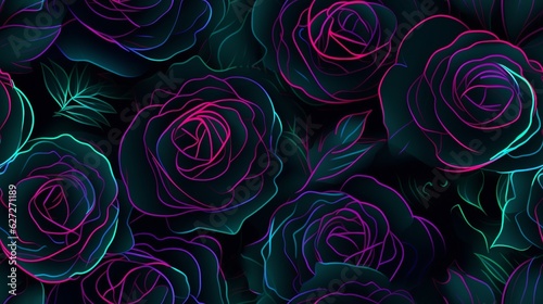 Seamless pattern with mysterious neon glowing roses  Generative AI