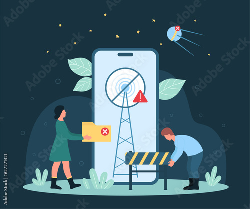 Cartoon tiny people holding folder and road barrier, antenna with exclamation mark on mobile phone screen. No signal warning message, lost or bad internet connection problem dark vector illustration