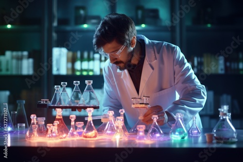 A young Chemist Scientist working in a laboratory with test tubes. AI generative