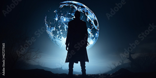 Majestic Vampire Silhouette Gazing at an Impressive Enormous Moon - AI generated