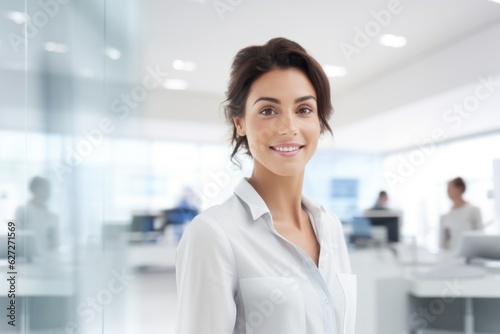 portrait of a young female office worker against the background of the co-working area AI generative