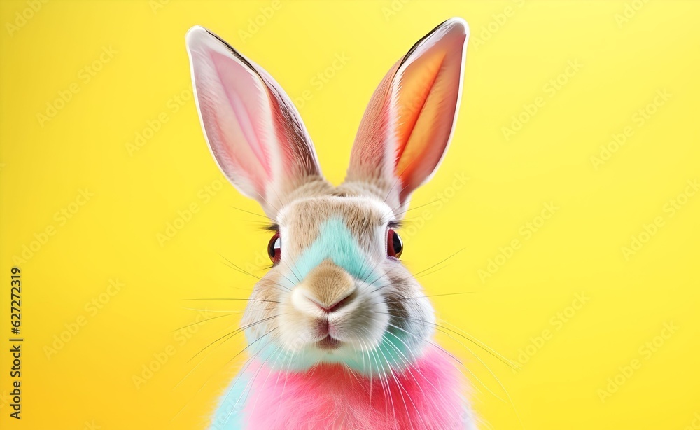 Creative Animal Concept. Colorful Bunny over pastel bright background. Generative AI.