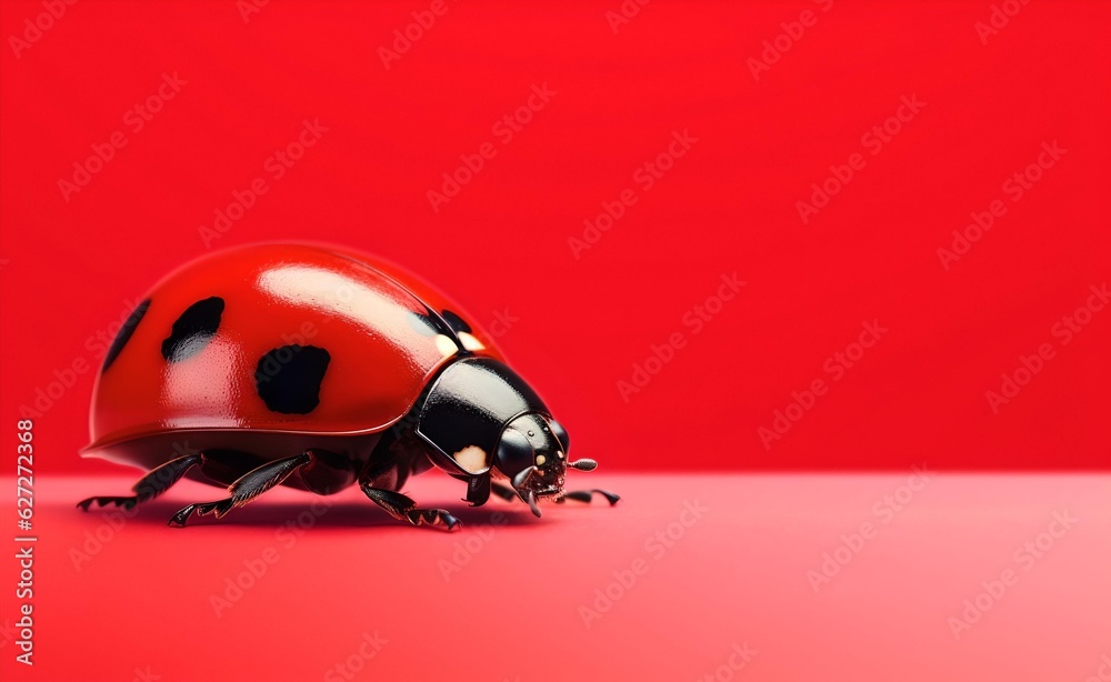 Fototapeta premium Creative Animal Insect Concept. Ladybird over red pastel bright background. Generative AI.