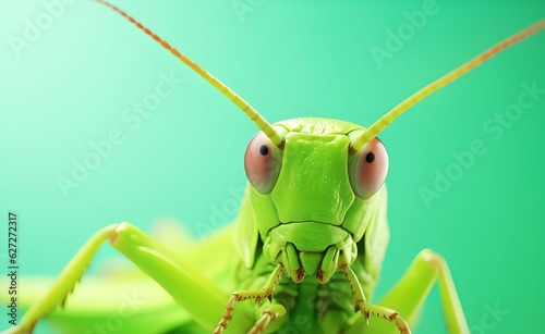 Creative Animal Insect Concept. Macro shot of Grasshopper head over green pastel bright background. Generative AI.