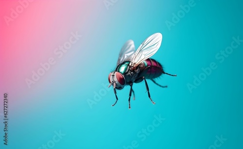 Creative Animal Insect Concept. Fly over blue pastel bright background. Generative AI.