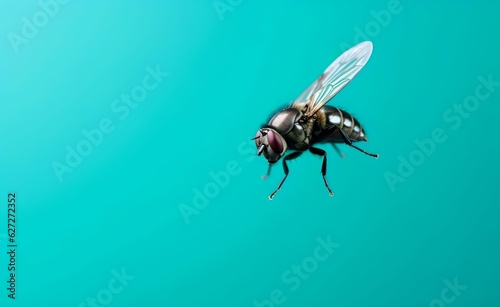 Creative Animal Insect Concept. Fly over blue pastel bright background. Generative AI. © Curioso.Photography