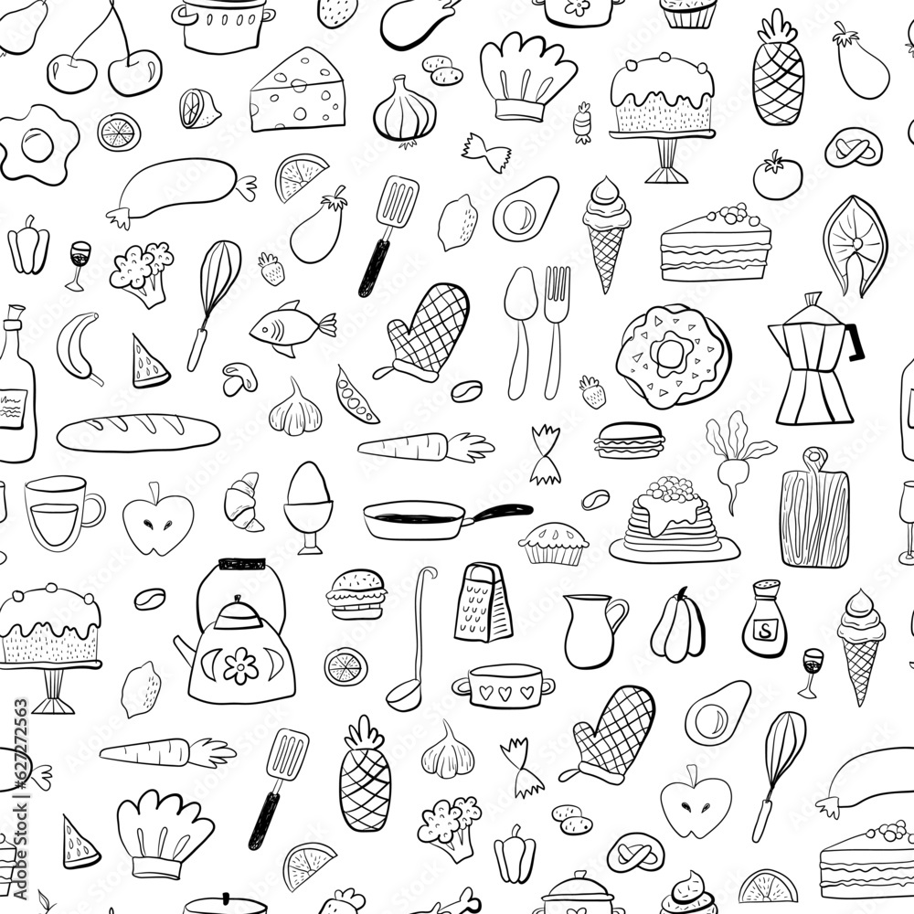 Cooking doodle seamless pattern. Vegetables, pots, spoons, spices. Food kitchen hand drawn background. Vector illustration. Outline style design. 