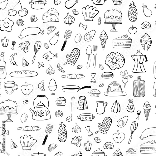 Cooking doodle seamless pattern. Vegetables, pots, spoons, spices. Food kitchen hand drawn background. Vector illustration. Outline style design. 