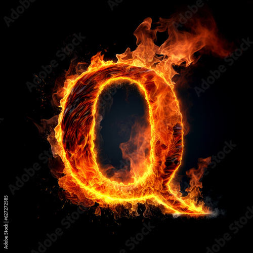 Capital letter Q consisting of a flame. Burning letter Q. Letter of fire flames alphabet on black background.