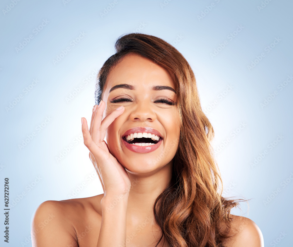 Portrait, woman and skincare with dermatology or natural beauty, anti aging care and wellness from cosmetics on studio background. Laughing, face and hands touching healthy and clean skin texture Portrait, woman and skincare with dermatology or natural beauty, anti aging care and wellness from cosmetics on studio background. Laughing, face and hands touching healthy and clean skin texture