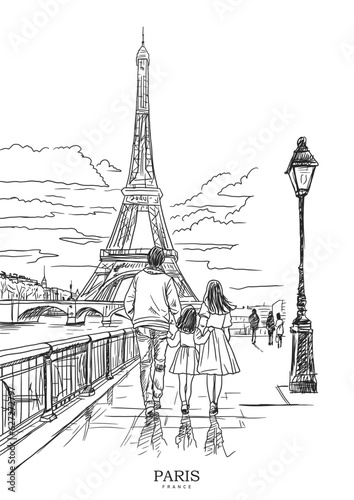 People walking excitedly towards the historic Eiffel tower, vector sketch, travel illustration