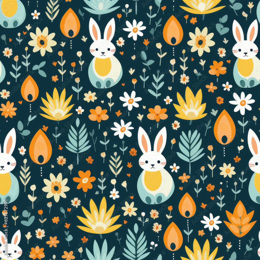 Cute bunny cartoon repeat pattern floral