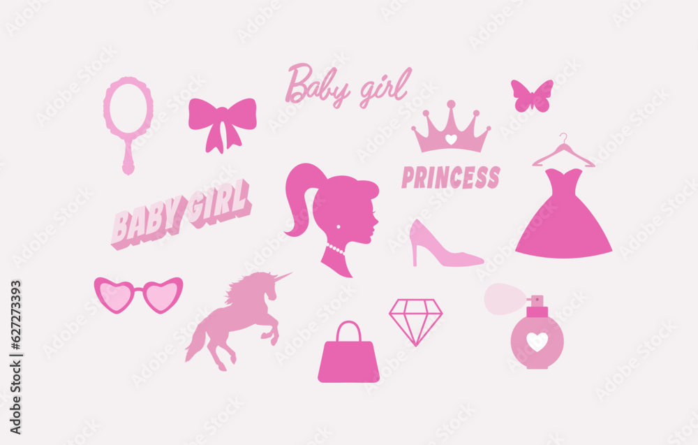 Baby girl, princess. Cute pink icons collection - shoes, dress, perfumes, bag, unicorn, mirror. Vector