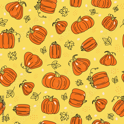 The Pattern is Autumn. A set of vegetables, a pumpkin. Halloween. Harvest of vegetables. Contour drawing, colored spots. Harvest, food. Fall season. Doodle. Vector seamless background. 