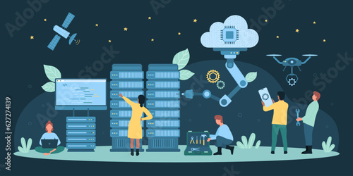 Cartoon tiny people work in team with computers, servers, robot arms to fix and repair supercomputer infrastructure. Datacenter technology, AI, hardware and software dark concept vector illustration