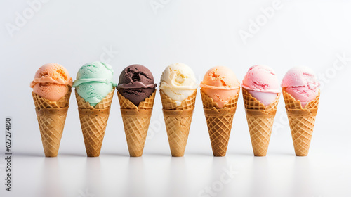 ice cream scoop on waffle cone on trasparent background cutout, many assorted different flavour mockup template for artwork design