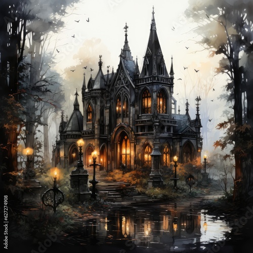 Hand Painted Watercolor Clipart Gothic Mausoleum in a Cemetery