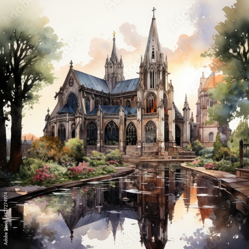Hand Painted Watercolor Clipart Gothic Cemetery with Stained Glass