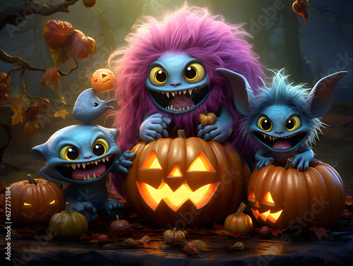 halloween cute and fluffy monsters