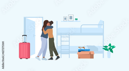 University friends in the dormitory. First meeting after summer vacation. Vector