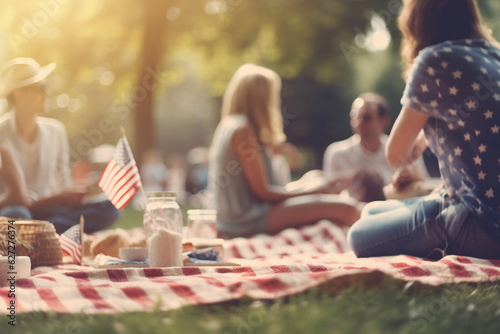 Festive Independence Day picnic in the park with American flags - AI generated