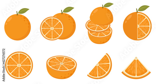 Orange fruit. Orange fruit icon collection. A set of orange, whole and cut. Set of fresh whole, half, cut slice orange fruit isolated on white background. Tangerine. Flat style.