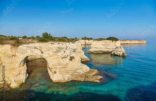 Spectacular summer view of popular tourist attraction - Torre Sant'Andrea. Beautiful morning seascape of Adriatic sea, Torre