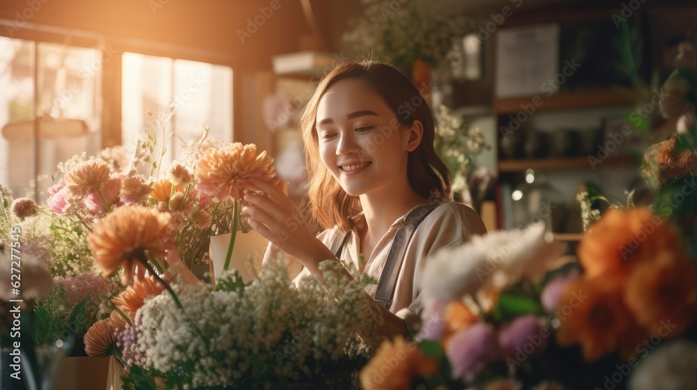 Smiling florist woman flowers seller in flowers shop, attractive woman works with bouquet of beautiful fresh flowers in shop, happy floral designer handling flowers, floristry business generative AI