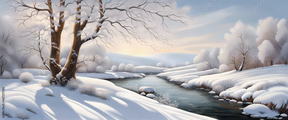 Illustration landscape. Snowy background. Snowdrifts wallpaper Winter season.