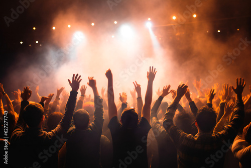 Crowd raising hands up during concert or festival