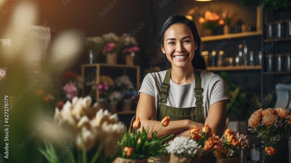 Smiling florist woman flowers seller in flowers shop, attractive woman works with bouquet of beautiful fresh flowers in shop, happy floral designer handling flowers, floristry business generative AI - obrazy, fototapety, plakaty 